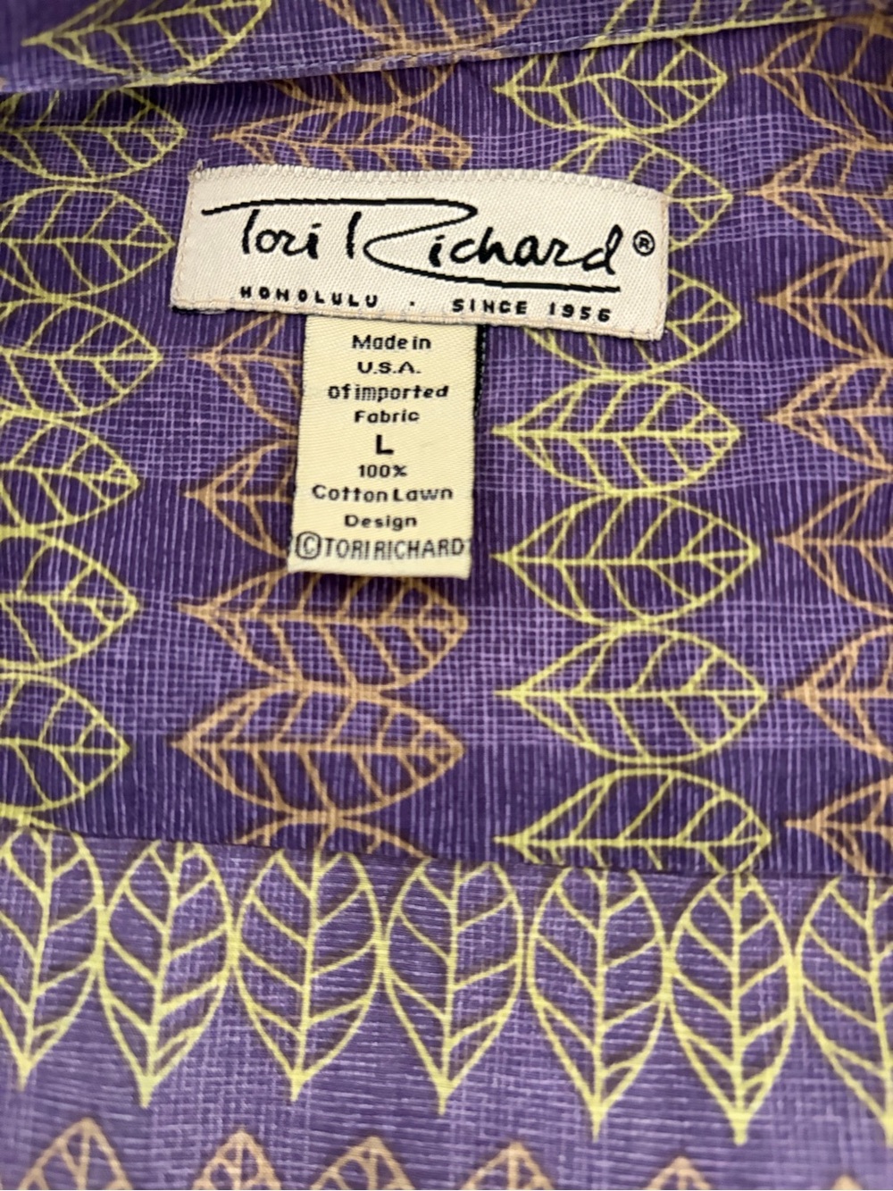Tori Richard Honolulu Purple Leaf Print Cotton Lawn Shirt Men’s L - Picture 2 of 12
